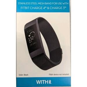 WITHit Stainless Steel Mesh BAND-For Use With FITBIT CHARGE 3~ Black- BAND ONLY